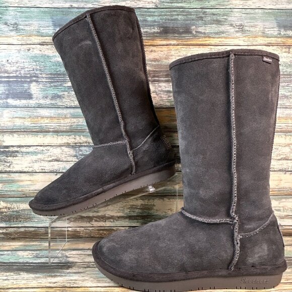 Skechers Faux Fur Mid Calf Boots Gray Suede Pull On Low Wedge Heel Womens Sz 7.5 - Picture 2 of 14